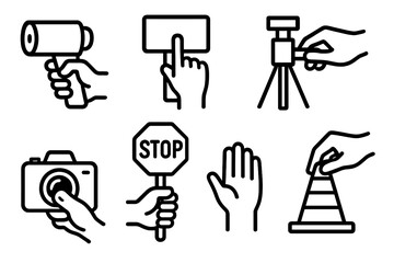 Obraz premium Hand Gesture Icons. Gestures icons in outline style: hand holding radar gun, hand pointing at sign, hand adjusting tripod, hand pressing camera