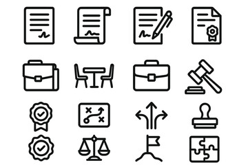 Business Icons Collection. Business and deals icons in outline style: signed contract, agreement scroll, pen and paper, document with seal, contract