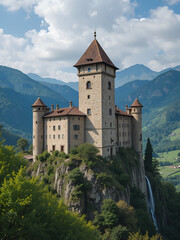 Malaspina Castle in Bobbio. It was built by Malaspina family as a fortress with a massive tower and it was later converted into a residence by Dal Verme family. It dominates the panorama of the Trebbi