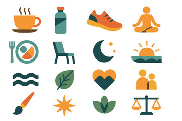 Productivity Balance Icons. Productivity balance set of icons in abstract flat : coffee cup, water bottle, exercise shoe, yoga pose, lunch plate,