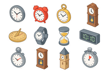 Classic Clock Icons. Classic clock faces set icons in modern isometric flat : round wall clock, alarm clock, pocket watch, grandfather clock, sundial,