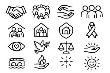 Motivational Symbol Icons. Motivation symbols icons in outline style: handshake, unity circle, supportive hands, group avatars, happy family,
