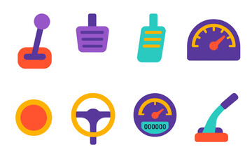 Car Controls Illustrated. Car control in modern flat vector : gear shift, brake pedal, clutch pedal, dashboard, ignition button, steering column,