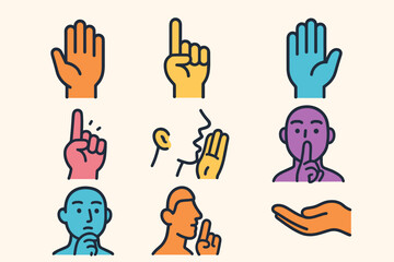Expressive Hand Gestures. Gestures in modern flat vector : hand raised, finger pointing upward, open palm forward, finger wagging, hand cupped near