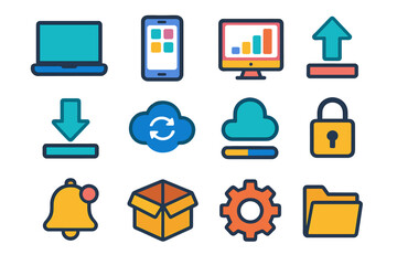 Vibrant Digital Icons. Digital lifting icons in modern flat vector : laptop, smartphone app, dashboard chart, upload arrow, download arrow, cloud sync