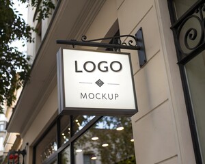 Obraz premium Illuminated square signage mockup hanging on a building facade, perfect for showcasing your brand logo