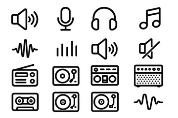 Audio Icon Collection. Audio & control icons in outline style: speaker, microphone, headphones, music note, sound wave, equalizer bars, volume up,