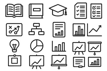 Educational Icons Collection. Work & learning icons in outline style: open book, textbook, graduation cap, checklist, strategy board, flowchart,
