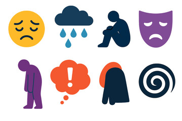 Emotive Icon Set. Mood expression set in modern flat vector : downturned mouth, drooping eyes, rain cloud, lonely figure, sad mask, slumped shoulders,