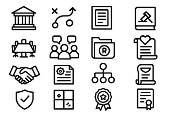 Business Governance Icons. Business governance icons in outline style: government building, strategy chart, policy framework, reporting arrows,