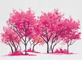 Fototapeta premium Watercolor painting of pink trees in full bloom against a bright white background creating a sense