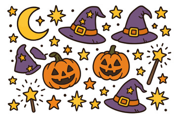 Halloween themed cartoon pumpkins witch hats stars moon spooky night illustration