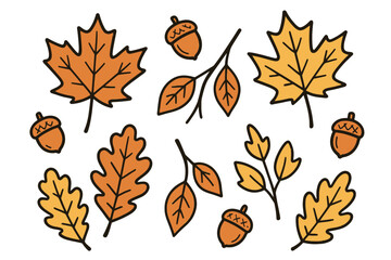 Autumn Leaves Icon Set Hand Drawn Illustration in Warm Colors for Fall Seasonal Design