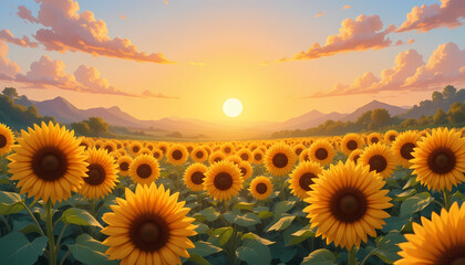 Fototapeta premium Indian Village Cartoon Background of Sunflower Field Facing the Morning Sun. Cartoon Illustration