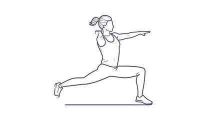 Line drawing of a woman doing a yoga lunge, extending arms forward