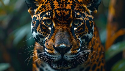 Close-up jaguar face in jungle