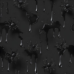 Seamless Halloween pattern of dripping black liquid with crawling spiders dark horror texture
