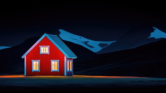 Illuminated Red House Against Dark Mountain Landscape