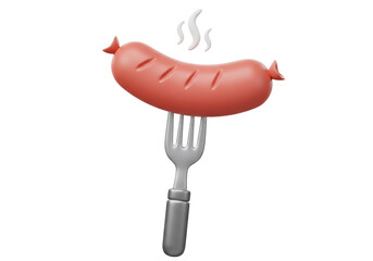 Cartoon sausage on a fork isolated PNG, hot dog with steam for food design and cooking concepts