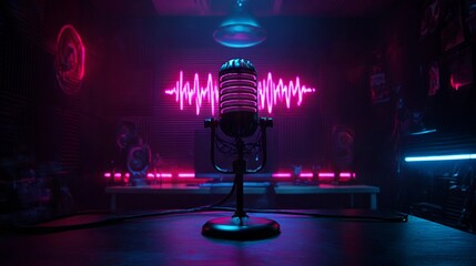 Microphone illuminated by neon lights in a dimly lit studio showcasing a vibrant atmosphere for music production and podcasts created in the evening hours