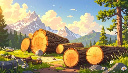 Sunny mountain landscape with cut logs