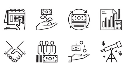 Set of business and finance icons thin line vector illustrations for financial planning investment and growth concepts isolated on white background