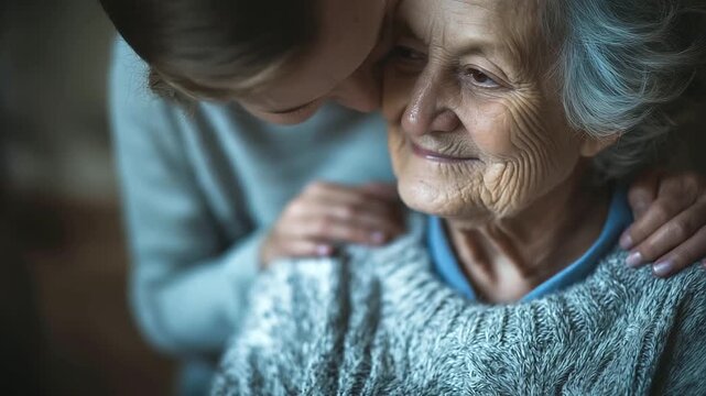 Tenderness with Elderly Parent. An adult child gently helping an elderly parent with their sweater, a simple act filled with patience and love.