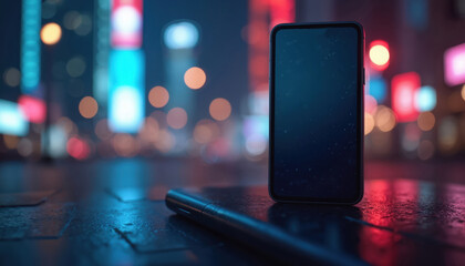 Modern smartphone rests on wet surface. Blurred neon city lights glow at night in background. Wireless device ready for communication and connectivity.