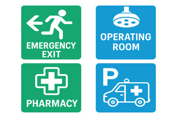 Obraz premium Four hospital signs emergency exit pharmacy operating room parking with ambulance