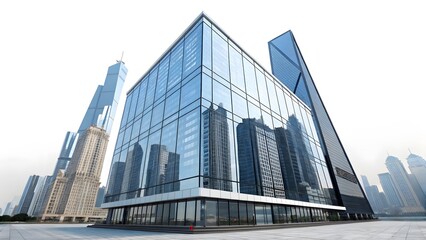 Obraz premium Futuristic glass skyscraper reflecting urban cityscape business architecture