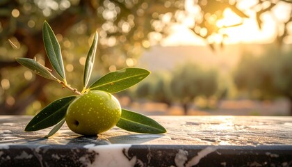 Single olive with leaves on marble surface; grove and golden light blurred background
