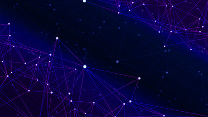 Fototapeta premium Glowing connection lines blue purple gradients and bright nodes forming a futuristic network pattern. Symbolizing technology, data communication, artificial intelligence, and modern innovation.