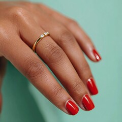 Elegant hand with red nails displaying a gold ring adorned with three diamonds against a turquoise background for a modern aesthetic