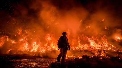 Firefighter battles raging wildfire at night while flames illuminate the landscape
