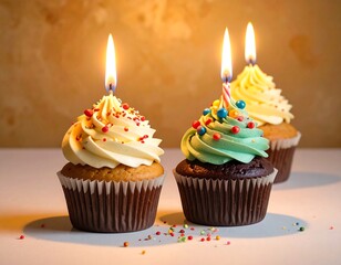 Three birthday cupcakes with lit candles