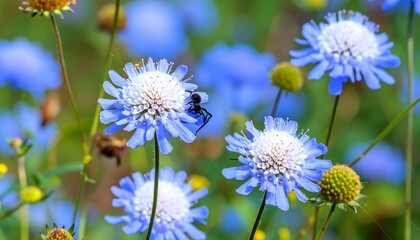 Blue pincushion flowers bloom in a field, with a spider on one bloom