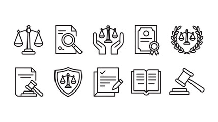 Vector art of law and justice icons representing legal and judicial themes
