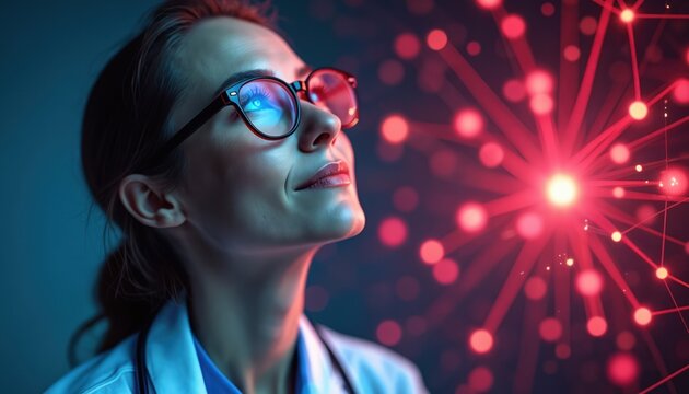 Hopeful female doctor looks up, glasses reflect glowing abstract network. Medical innovation, scientific research, and future health care concepts. - Powered by Adobe
