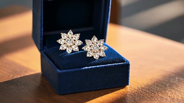 Elegant gold earrings displayed in a luxurious blue velvet jewelry box, 4k video