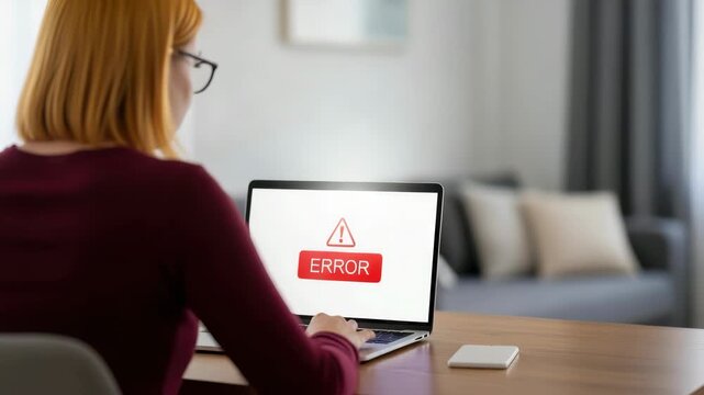 Woman working on laptop with error message on screen at wooden desk