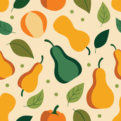 Seamless Autumn Pattern with Stylized Gourds and Leaves for Seasonal Design