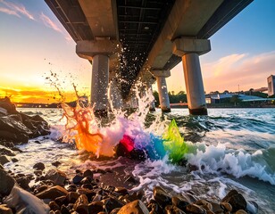 Vibrant paint explosion at sunset, crashing against rocks near bridge supports