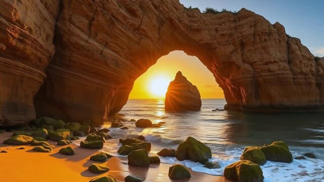 Sunrise at Camilo Beach Algarve Portugal with rock arch and golden sand