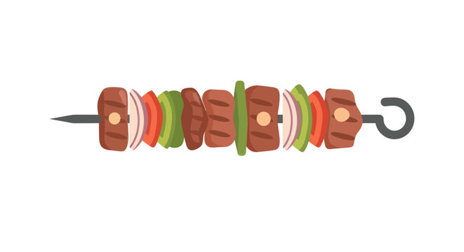A single grilled shish kebab skewer with chunks of meat onion and bell peppers.