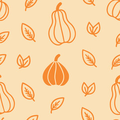 Seamless Autumn Pattern with Stylized Gourds and Leaves for Seasonal Design