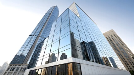 Naklejka premium Modern glass skyscraper reflecting city sky above busModern glass skyscraper reflecting city sky above bus