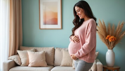 Smiling pregnant woman holds belly looking down gently. Cozy living room interior with sofa and decor. Casual, happy, expectant mother poses at home.