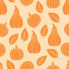 Seamless Autumn Pattern with Stylized Gourds and Leaves for Seasonal Design