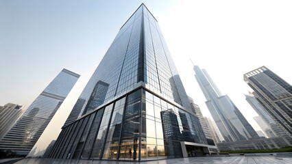 Fototapeta premium Modern glass skyscraper reflecting cityscape and sky architecture