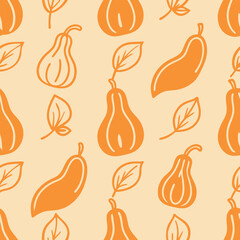 Seamless Autumn Pattern with Stylized Gourds and Leaves for Seasonal Design
